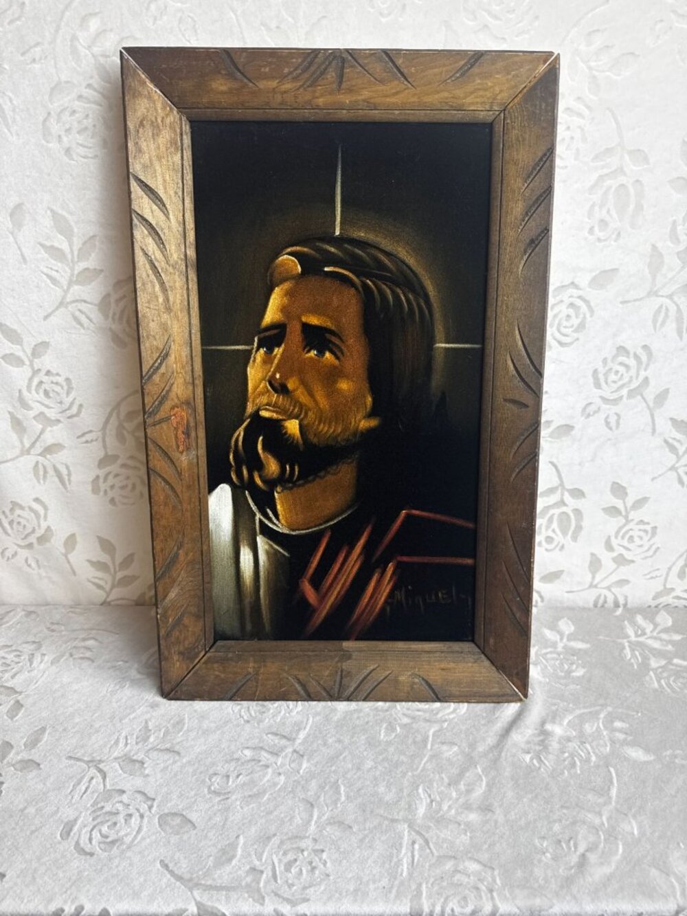 Vintage Framed Jesus Portrait Black Velvet Painting Signed By Miguel - 14"x23" - Picture 2 of 10